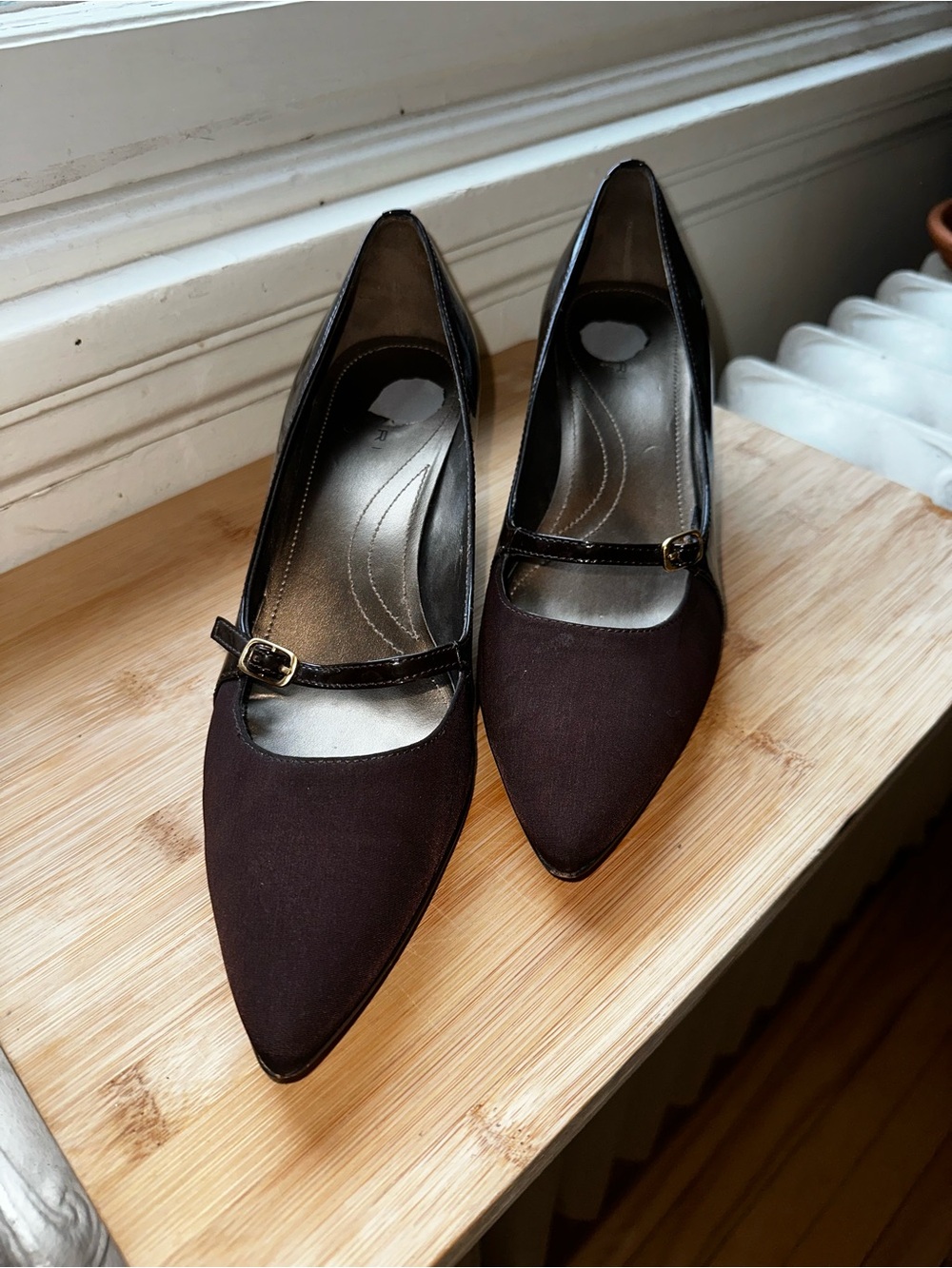 Dark Brown Pointed-Toe Mary Jane Kitten Heels